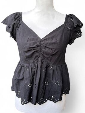 Black Eyelet Ruched Peplum Top